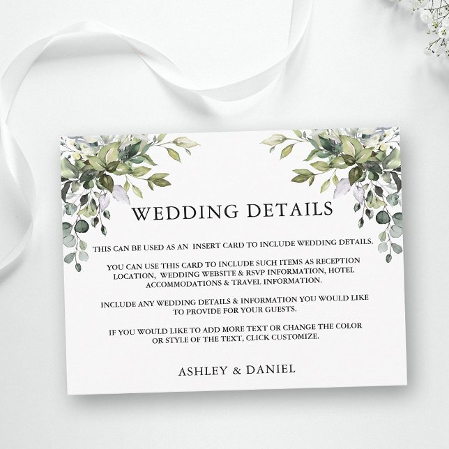 Wedding Details Watercolor Greenery Insert Card (Customize to change text color, text style or add text & photos to back of card.)