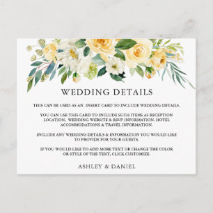 Wedding Details Yellow Floral Insert Card
