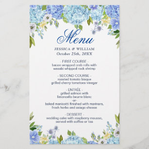 Wedding Dinner Menu Blue Hydrangea Floral Greenery