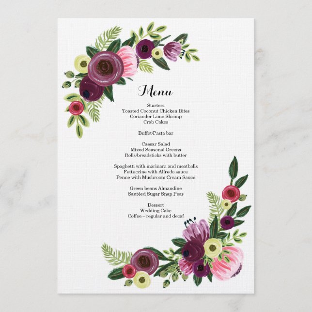 Wedding Dinner Menu Card Floral Burgundy Blush (Front)