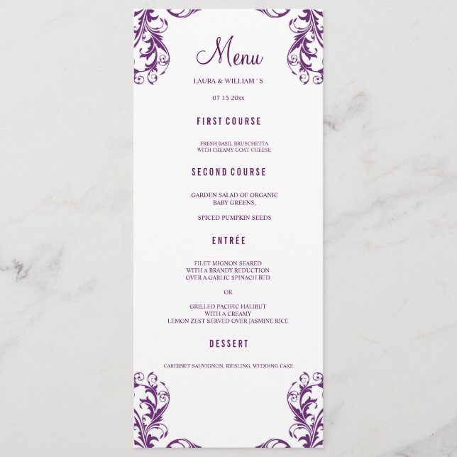 Wedding Dinner Menu Cards | Eggplant Damask Style (Front)