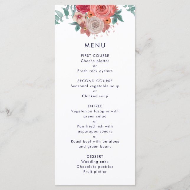 Wedding dinner menu red rose navy blue (Front)