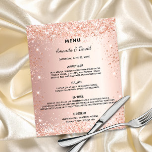 Wedding dinner menu rose gold glitter budget