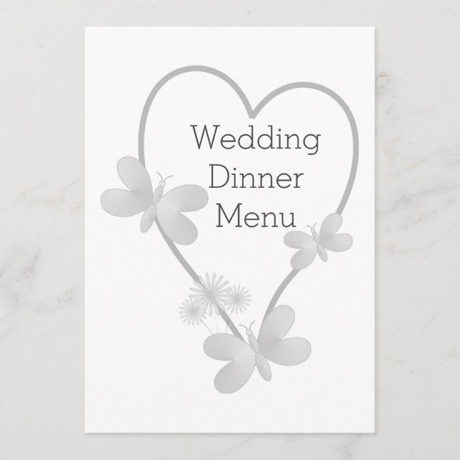 Wedding Dinner Menu Silver Heart Butterflies (Front)
