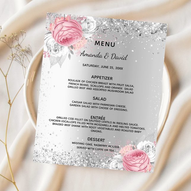Wedding dinner menu silver pink florals budget (Creator Uploaded)