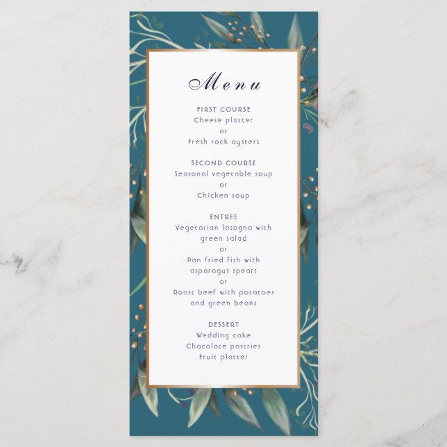 Wedding dinner menu teal leaf gold frame elegant (Front)