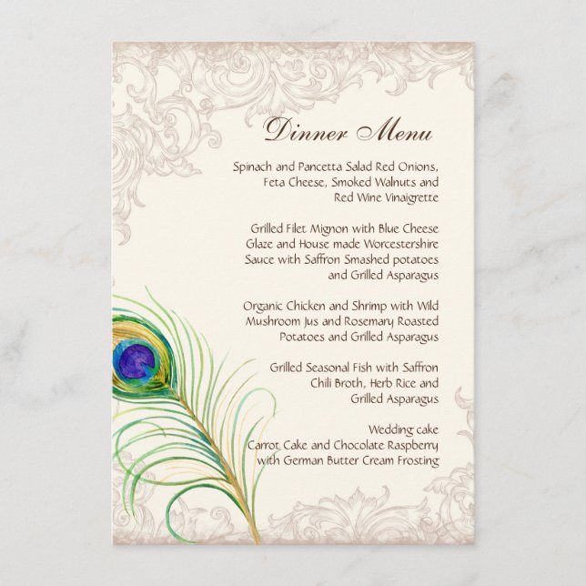 Wedding Dinner Menu Vintage Peacock Feather Etched (Front)