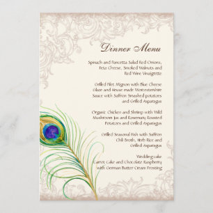 Wedding Dinner Menu Vintage Peacock Feather Etched