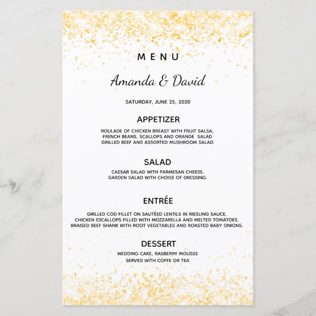 Wedding dinner menu white gold confetti (Front)