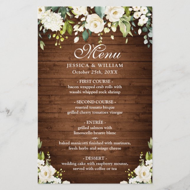 Wedding Dinner Menu Wood & White Rose Rustic (Front)