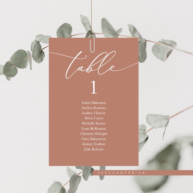 Wedding Dinner, Modern Guest Seating Chart Table Number (Elopement Wedding Dinner,  Guest Seating Chart Card, in Terracotta Brown, Table No and Guest Names)