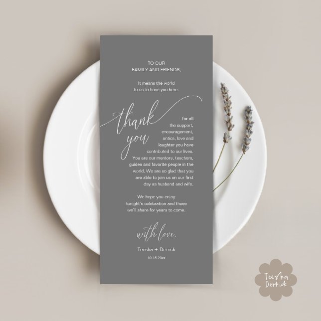 Wedding Dinner Place Setting Modern Thank You Card (Modern Wedding Dinner Brunch Place Setting Thank You Card romantic in aesthetic classy dark grey)