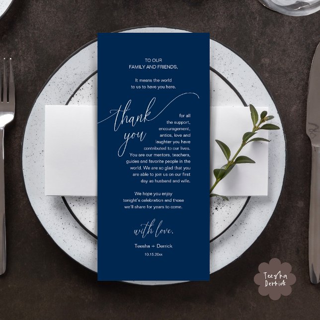 Wedding Dinner Place Setting Modern Thank You Card (Modern Wedding Dinner Brunch Place Setting Thank You Card romantic in aesthetic classy navy blue)