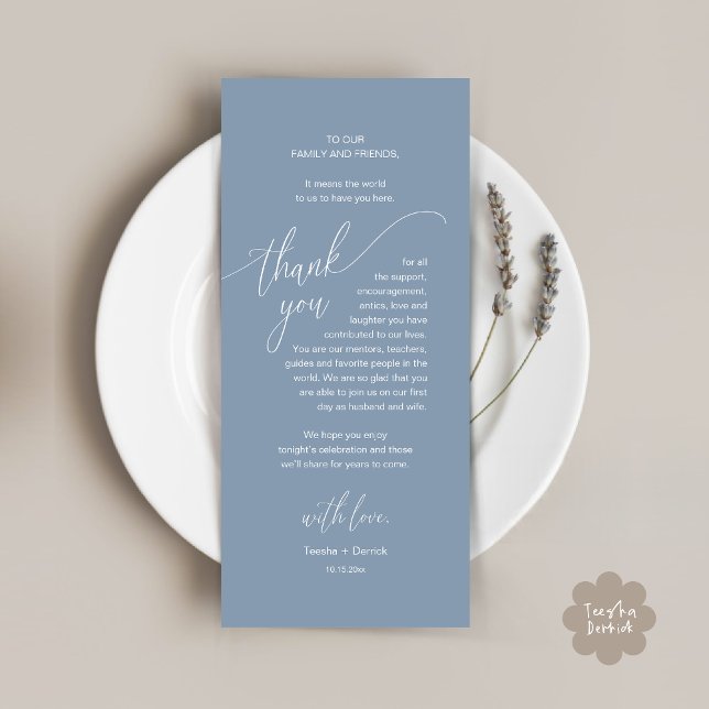 Wedding Dinner Place Setting Modern Thank You Card (Modern Wedding Dinner Brunch Place Setting Thank You Card romantic in aesthetic classy dusty blue)
