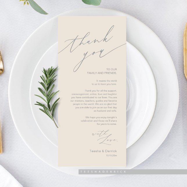 Wedding Dinner Place Setting Thank You Card (Romantic Wedding Dinner Place Setting Thank You Card, in Cream and grey)