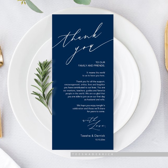 Wedding Dinner Place Setting Thank You Card (Romantic Wedding Dinner Place Setting Thank You Card, in Navy Blue)