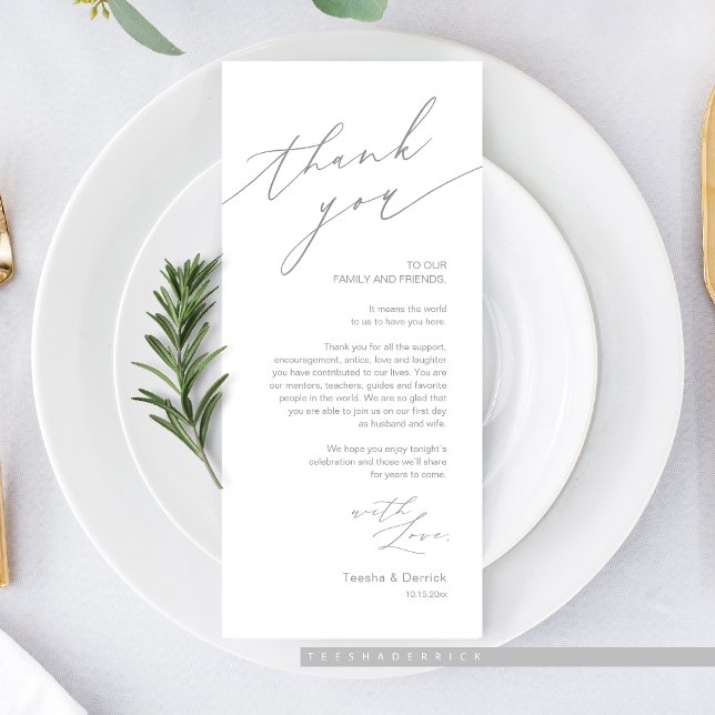 Wedding Dinner Place Setting Thank You Card (Romantic Wedding Dinner Place Setting Thank You Card, in dark grey)