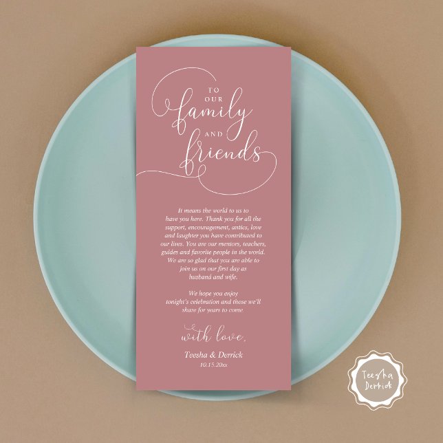 Wedding Dinner Place Setting Thank You Card (To Our Family and Friends, Wedding Dinner Place Setting Thank You Card, Modern, Dusty Rose Pink)