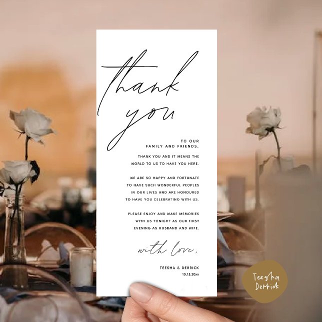 Wedding Dinner Place Setting Thank You Card (Modern Romantic Wedding Place Setting Thank You Card for Dinner Brunch Lunch Party  in White Black)