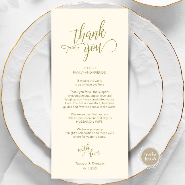 Wedding Dinner, Place Setting Thank You Cards (Wedding Dinner, Place Setting Thank You Card, in Modern Classy Script, Gold Scheme.)