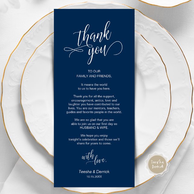 Wedding Dinner, Place Setting Thank You Cards (Wedding Dinner, Place Setting Thank You Card, in Modern Classy Script, Navy Blue.)