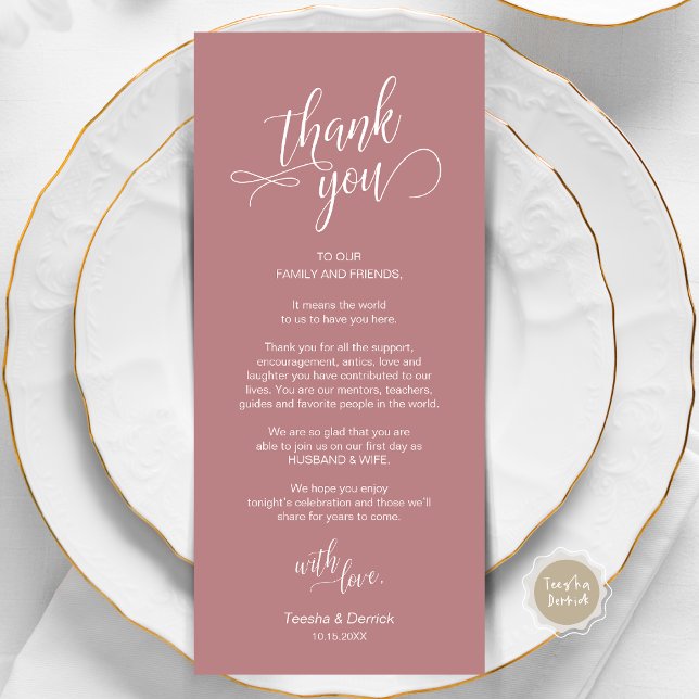 Wedding Dinner, Place Setting Thank You Cards (Wedding Dinner, Place Setting Thank You Card, in Modern Classy Script, Dusty Rose.)