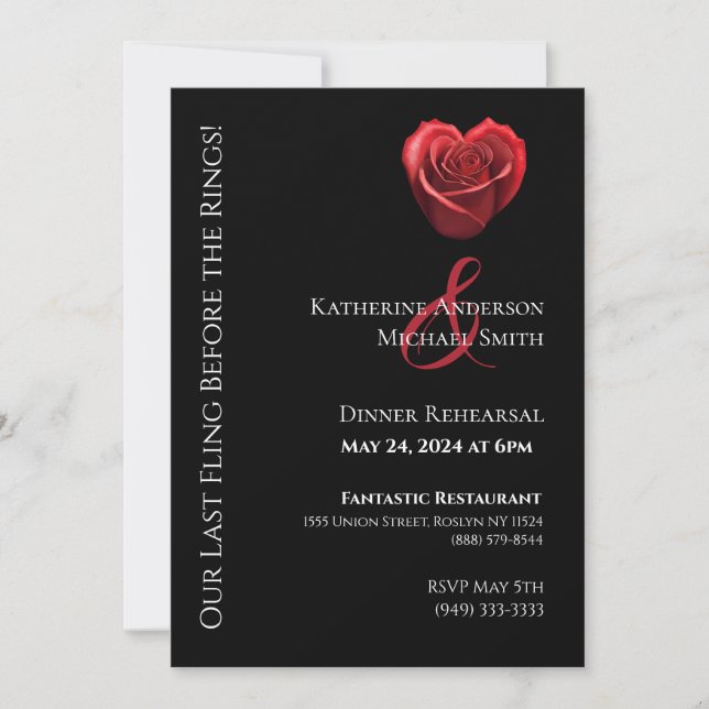 Wedding Dinner Rehearsal-Heart Shaped Red Rose- Invitation (Front)