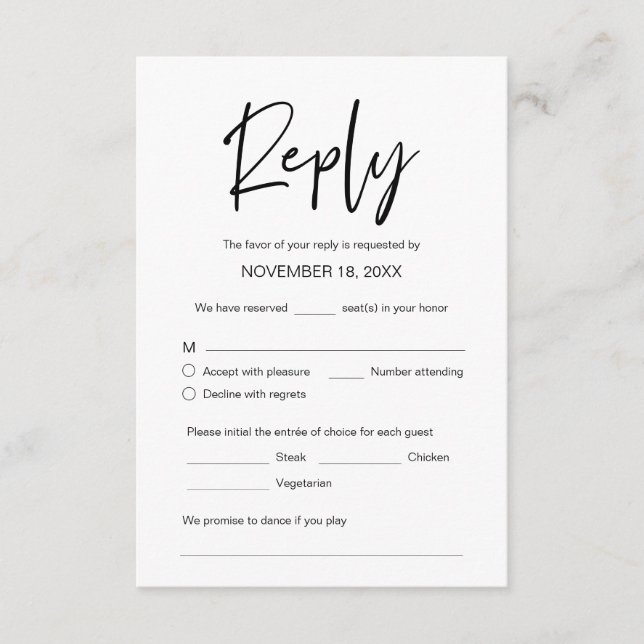 Wedding Dinner RSVP, meal option, song request Enc Enclosure Card (Front)