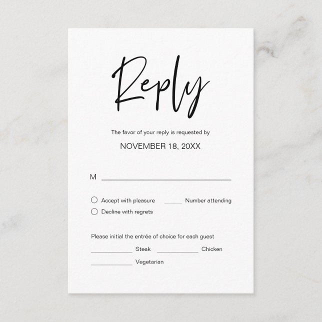 Wedding Dinner RSVP, meal options Enclosure Card (Front)