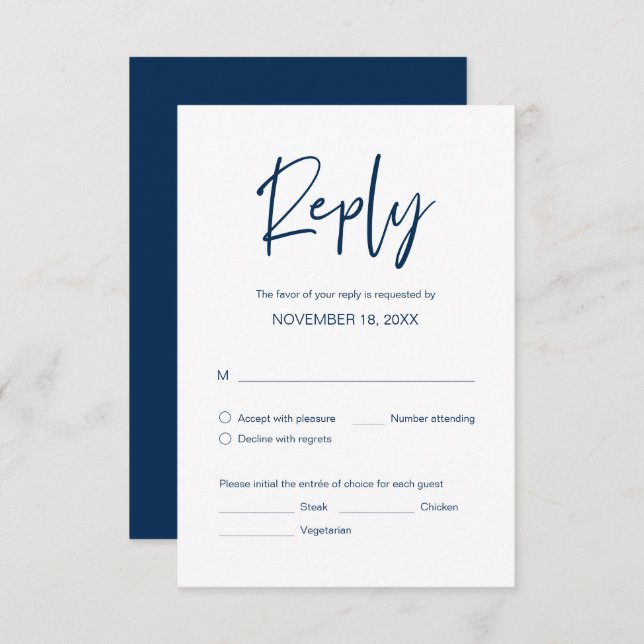 Wedding Dinner RSVP, meal options, Navy Blue Enclosure Card (Front/Back)