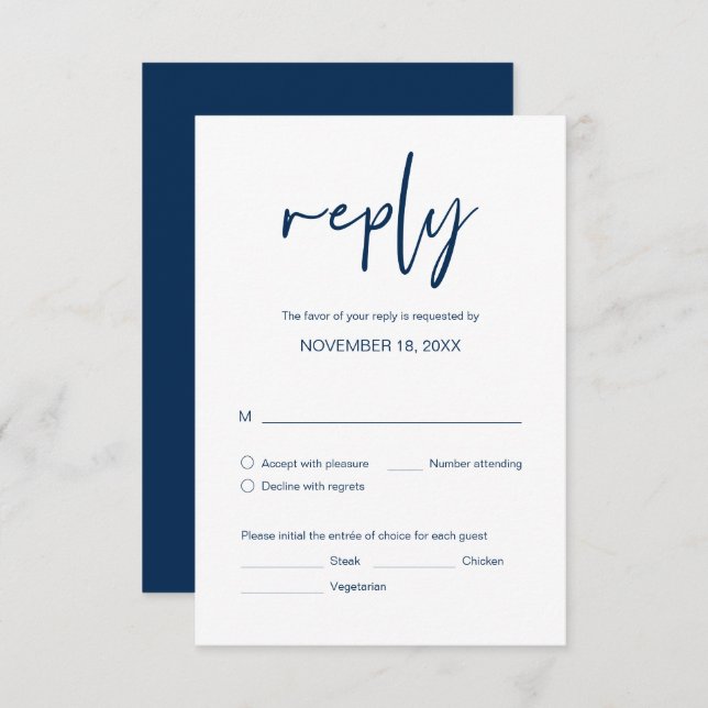 Wedding Dinner RSVP, with meal options, Navy Blue Enclosure Card (Front/Back)