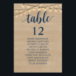 Wedding Dinner, Rustic Guests Seating Chart Table Number<br><div class="desc">Wedding Dinner Guest Seating Table Chart Card,  Modern Navy Blue Script,  String lights,  Rustic Wood background
Customise the text and / or remove and fill in with your wedding party themed.</div>