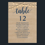 Wedding Dinner, Rustic Guests Seating Chart Table Number<br><div class="desc">Wedding Dinner Guest Seating Table Chart Card,  Modern Navy Blue Script,  String lights,  Rustic Wood background
Customise the text and / or remove and fill in with your wedding party themed.</div>