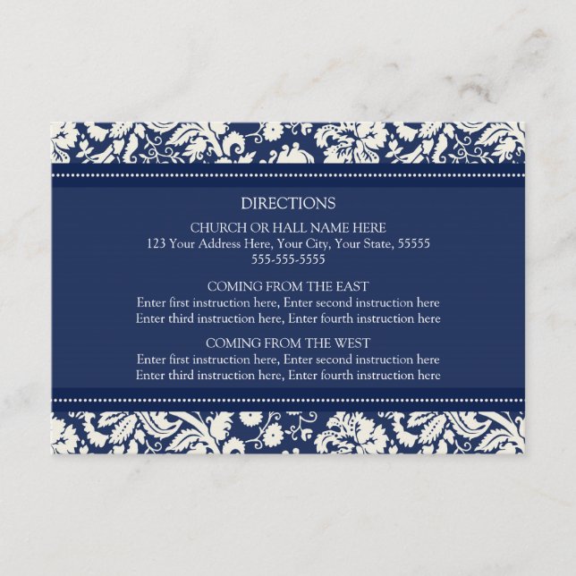 Wedding Direction Cards Blue Damask (Front)