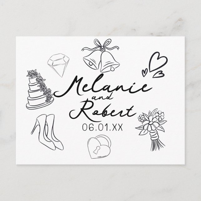 Wedding Doodle Save the Dates Wedding Anniversary  Holiday Postcard (Front)