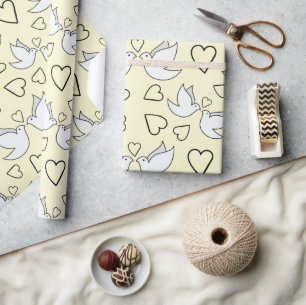 Wedding Doves and Hearts Light Yellow Seamless Wrapping Paper