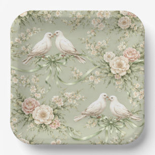 Wedding Doves and Sage Green Ribbons Paper Plate