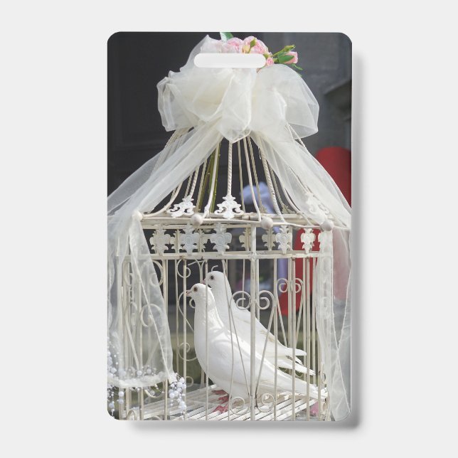 Wedding doves wait for the bride and groom ID badge (Front)