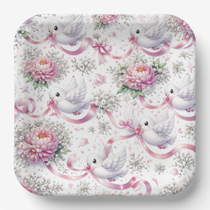 Wedding Doves with Pink Peonies and Ribbons Paper Plate