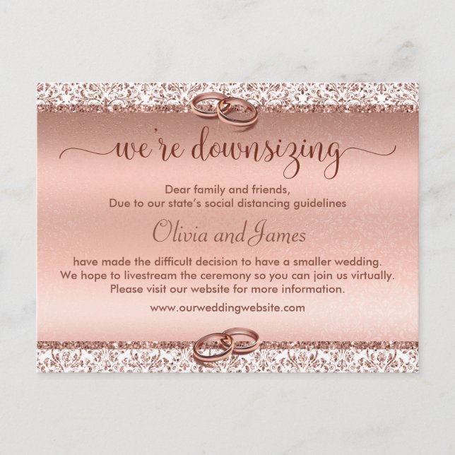 Wedding Downsizing Trendy Typography Rose Gold Announcement Postcard (Front)