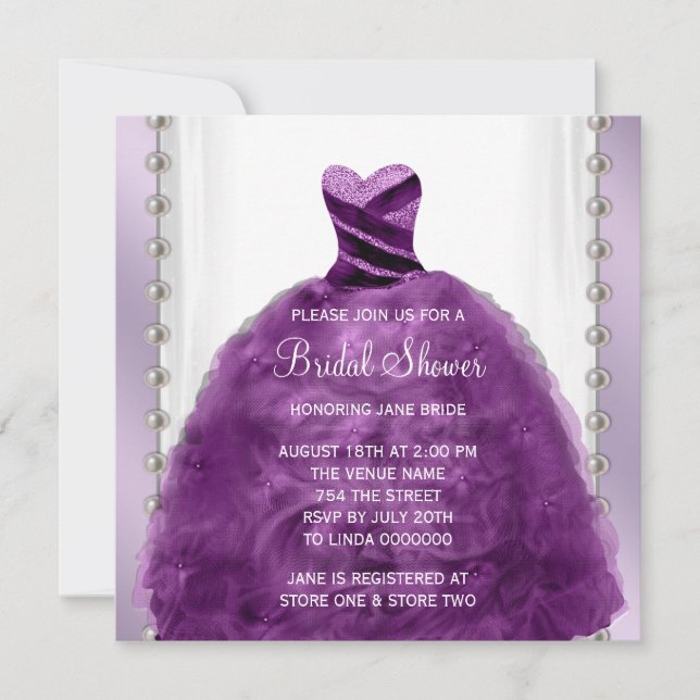 Wedding Dress and Pearls Plum Purple Bridal Shower Invitation (Front)
