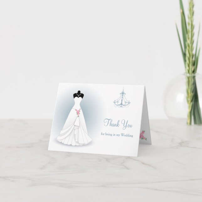Wedding dress, chandelier on blue grey Thank You Card (Front)