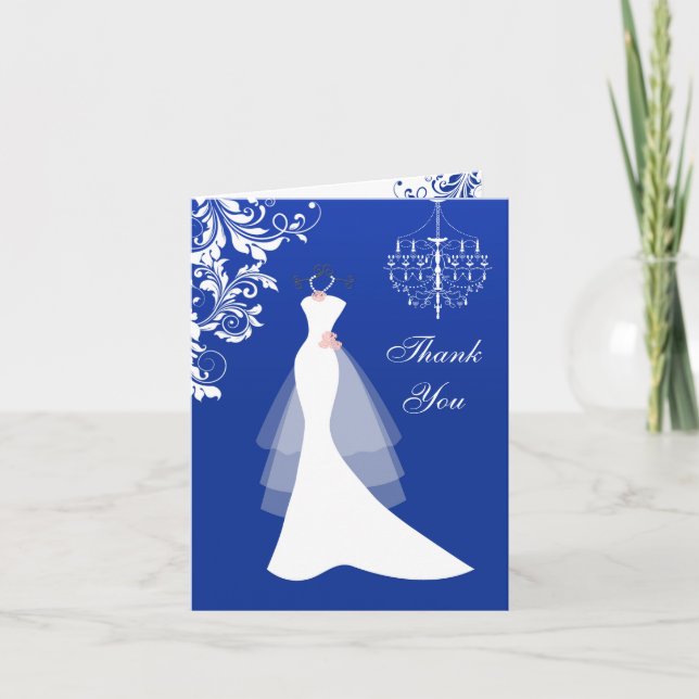 Wedding dress, chandelier on royal blue Thank You Card (Front)