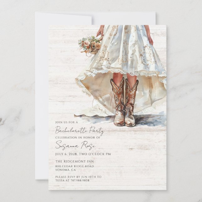 Wedding Dress Cowgirl Boots Bachelorette Party Invitation (Front)