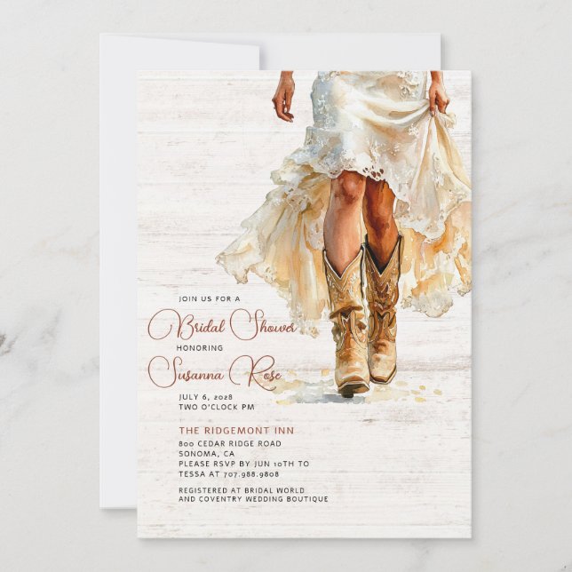 Wedding Dress Cowgirl Boots Bridal Shower Invitation (Front)