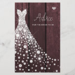 Wedding dress elegant bridal shower advice card<br><div class="desc">White shiny diamonds wedding dress on a dark burgundy barn wood background making a simple modern elegant bridal shower advice card.</div>