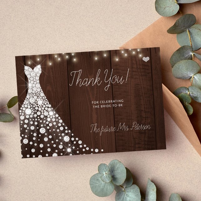 Wedding dress elegant wood bridal shower thank you card (Creator Uploaded)