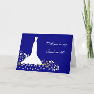 Wedding dress, floral. swirls on blue Bridesmaid Invitation