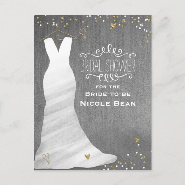 Wedding Dress Modern Glam & Heart Confetti Bridal Invitation Postcard (Front)