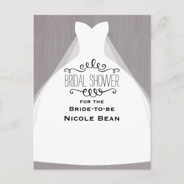 Wedding Dress Modern Glamour Bridal Shower Grey Invitation Postcard (Front)